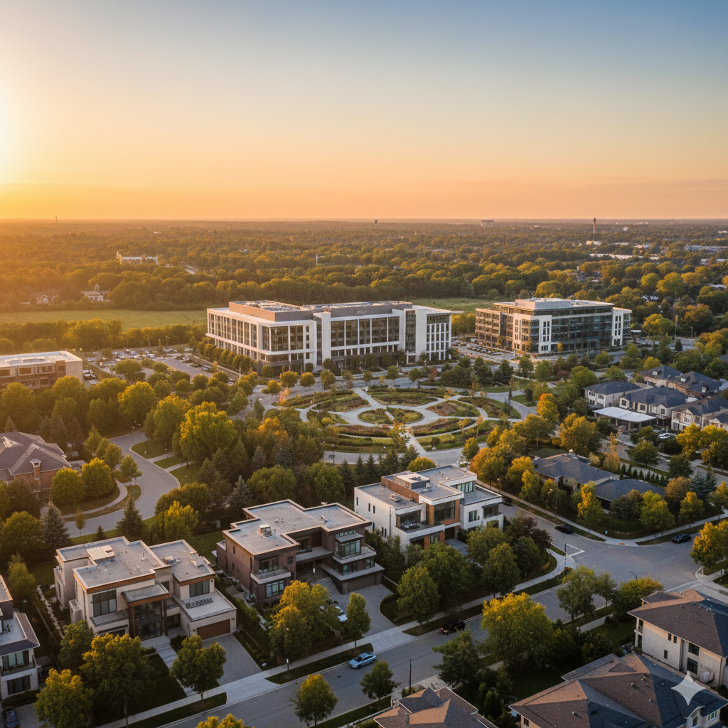 Drone aerial photography showing residential and commercial properties at sunset