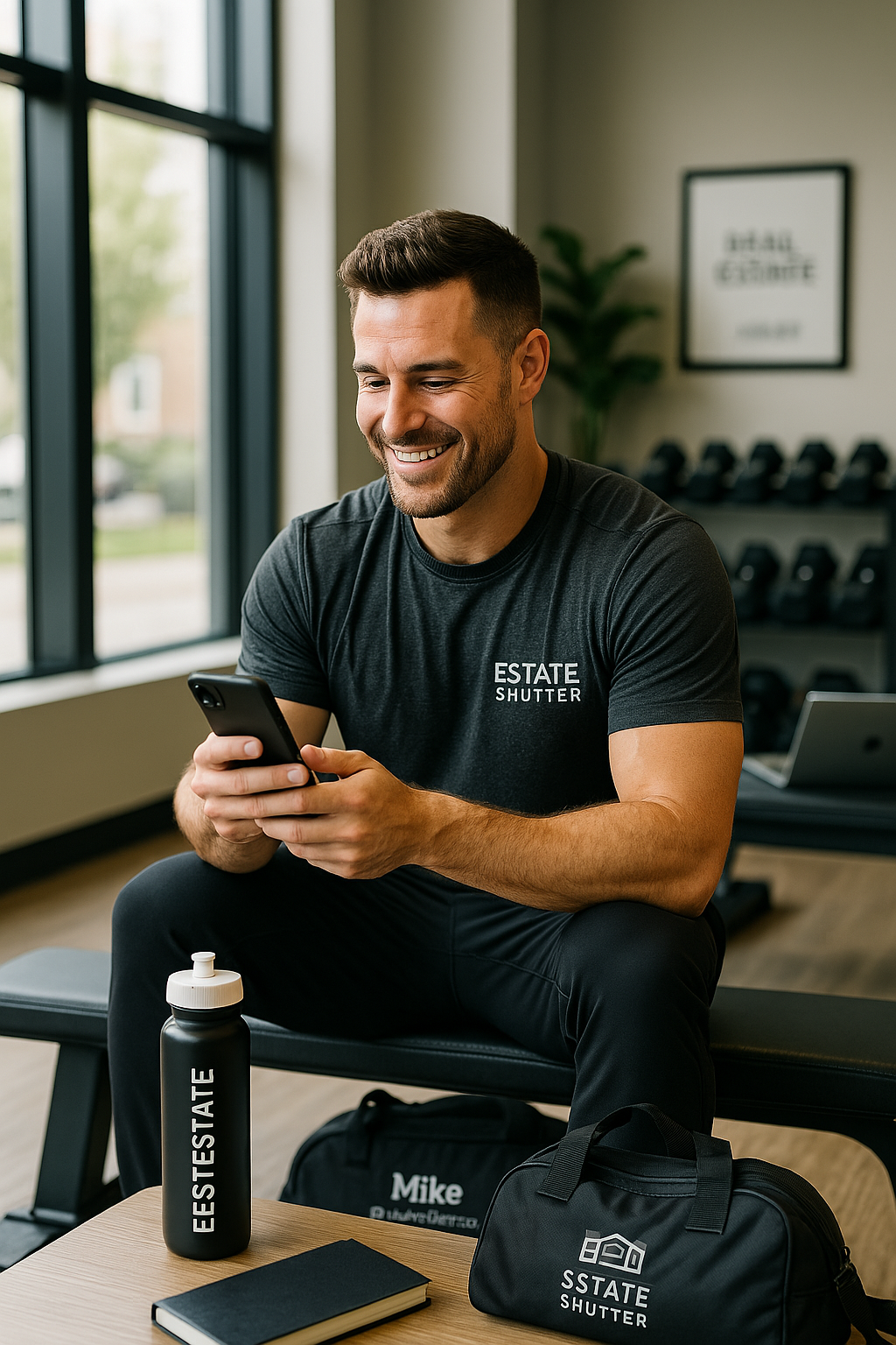 Male realtor in Estate Shutter shirt checking phone at gym