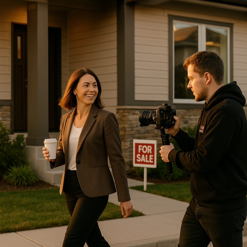 Female realtor with Estate Shutter photographer at property with For Sale sign