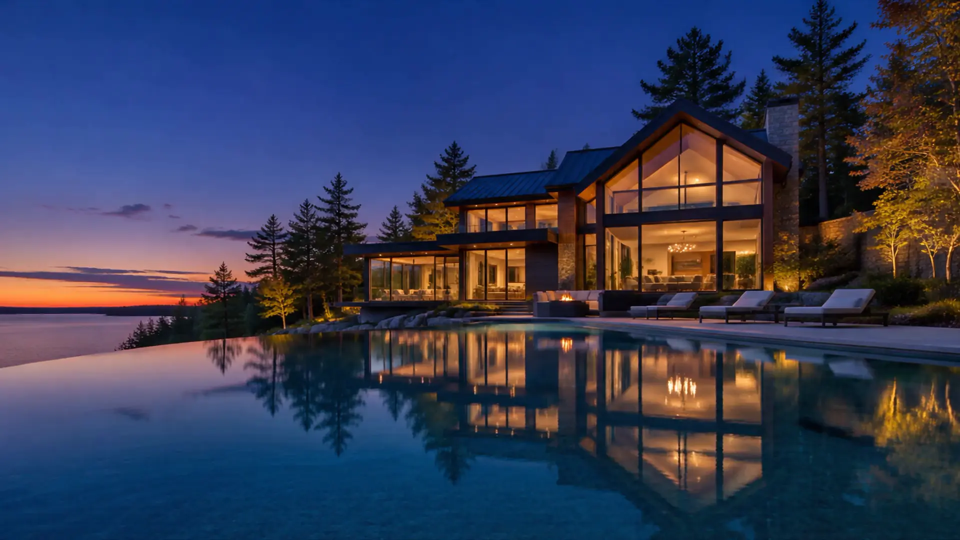 Modern timber and glass home lit up at blue hour, reflected in an infinity pool beside a lake